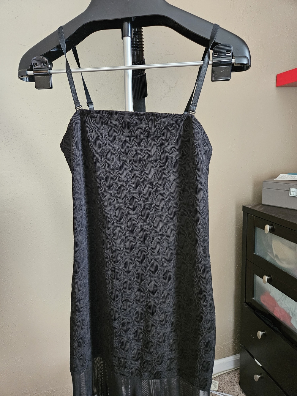Maxi Commense Black Textured Bodycon Dress With Long Mesh Bottom Layer